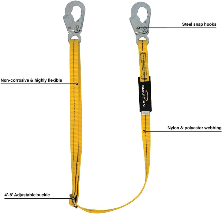 Guardian Fall Protection 01280 AWL4-6 Adjustable Non-Shock Absorbing Lanyard from 4-Feet to 6-Feet , Yellow 4' to 6' Non-Shock Adjustable Single Leg/Steel Snap Hook End