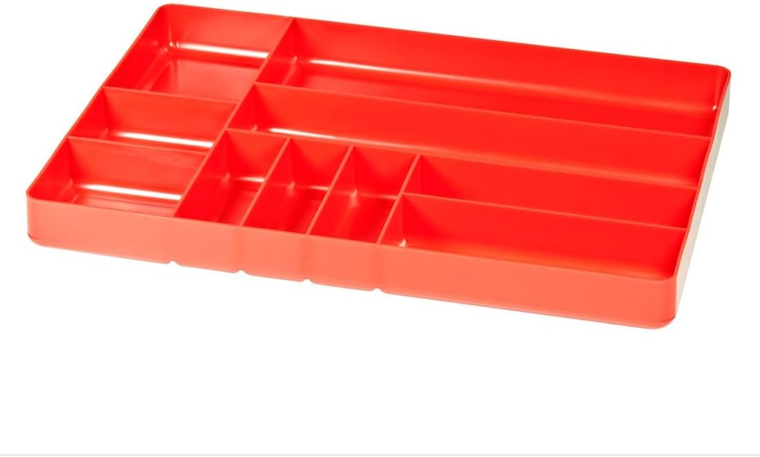 Ernst Manufacturing 10 Compartment Drawer Organizer: Heavy Duty Stackable Tray for Automotive Garage Tool Organization - Low-Profile Toolbox Storage - Nuts and Bolts, Tools, Parts, Easy to Clean - Red