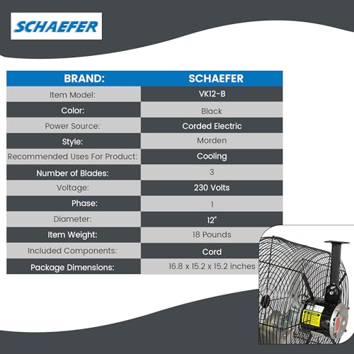 Schaefer VK12-B VersaKool Air Circulator Fan, Ceiling Wall Mount Greenhouse Fan & Aluminum Blade, 1470 CFM, 1/10 hp, Energy-Efficient Commercial Fan for Patio, Garage, Industrial & Workshop (Black)