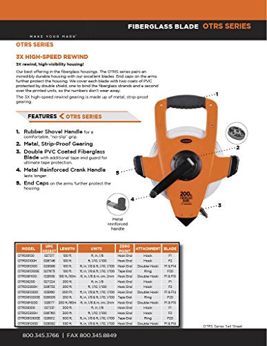 Keson OTRS18100 Fiberglass Measuring Tape with Hook, Speed Rewind (Graduations: ft., in. 1/8), 100-Foot