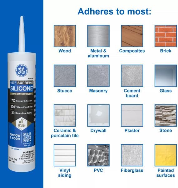 GE Supreme Silicone Caulk for Window & Door, Clear, 10 fl oz Cartridge, 1 Pack - 100% Waterproof Silicone Sealant, 7X Stronger Adhesion, Shrink & Crack Proof