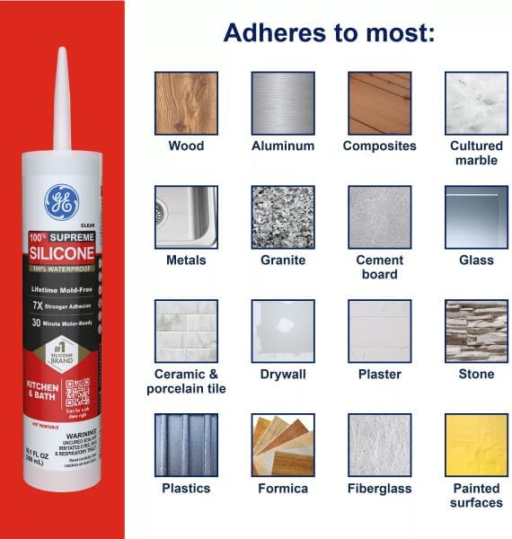 GE Supreme Silicone Caulk for Kitchen & Bathroom, White, 10 fl oz Cartridge - 100% Waterproof Silicone Sealant, 7X Stronger Adhesion, Shrink & Crack Proof (Pack of 1)