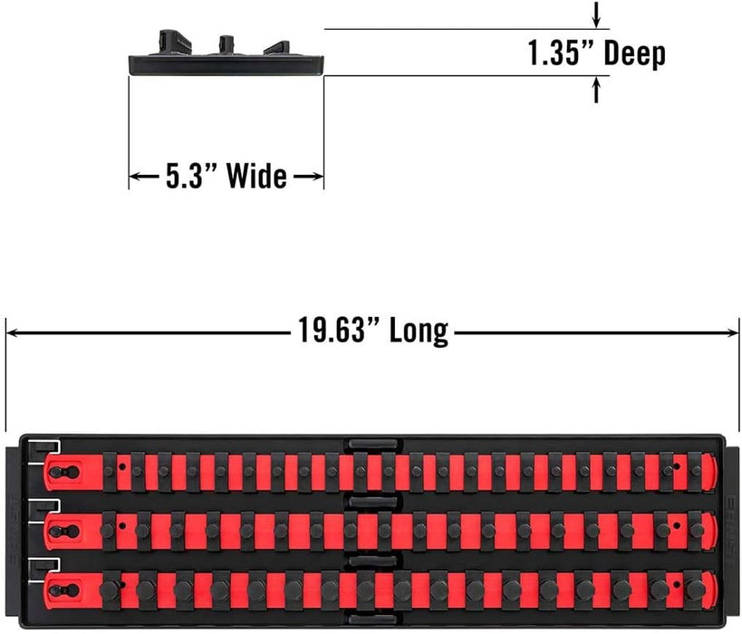 Ernst Manufacturing 18-Inch Socket Boss - Premium 3-Rail Multi-Drive (1/4", 3/8", 1/2") Socket Organizers w Twist Lock Clips, Socket Set Holder for 57 Tools - SAE & Metric - Red (8450) - Made in USA