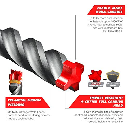 Diablo Rebar Demon SDS-Plus 4-Cutter Full Carbide Head Hammer Drill Bit for Concrete and Reinforced Materials - 3/4" Diameter, 10" Length, 8" Working Length - DMAPL4250