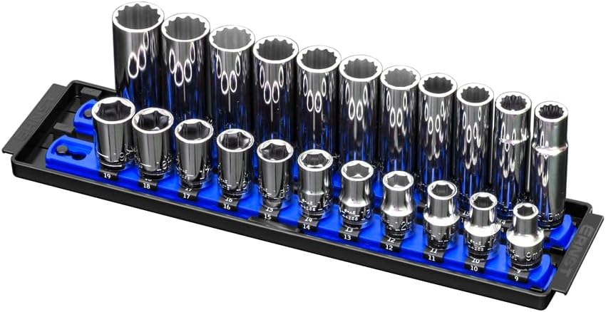 Ernst Manufacturing Socket Boss, Premium 2-Rail 1/2-Inch-Drive Socket Organizer, 13-Inch, Blue (8497) - Made in the USA 13-INCH 1/2" Blue