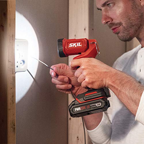 SKIL 20V 4-Tool Combo Kit: 20V Cordless Drill Driver Reciprocating Saw, Circular Saw and Spotlight, Includes Two 2.0Ah PWR CORE Lithium Batteries and One Charger - CB739701,Black, Red