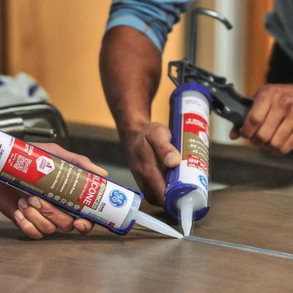 GE Advanced Silicone Caulk for Kitchen & Bathroom, White, 10 fl oz Cartridge - 100% Waterproof Silicone Sealant, 5X Stronger Adhesion, Shrink & Crack Proof (Pack of 12)