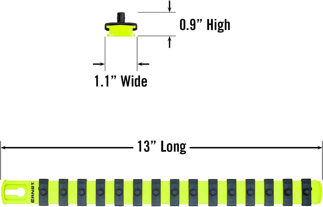 ERNST 13-Inch Socket Rail Organizer with 15 1/4-Inch Twist Lock Clips, High Visibility (8437HV) 13-Inch 1/4-Inch Twist Clips Hi-viz