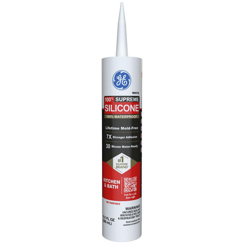 GE Supreme Silicone Caulk for Kitchen & Bathroom, White, 10 fl oz Cartridge - 100% Waterproof Silicone Sealant, 7X Stronger Adhesion, Shrink & Crack Proof (Pack of 1)