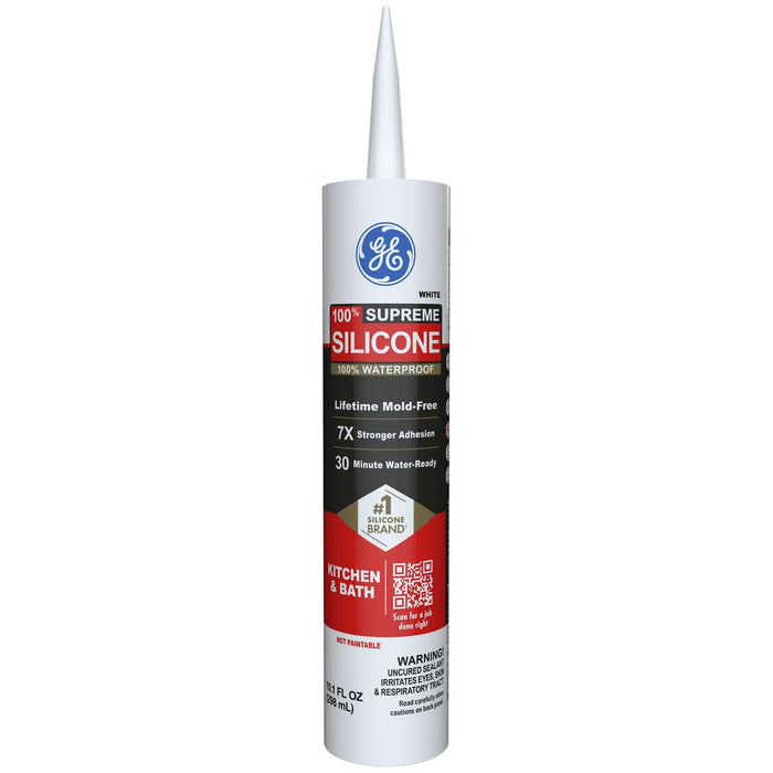 GE Supreme Silicone Caulk for Kitchen & Bathroom, White, 10 fl oz Cartridge - 100% Waterproof Silicone Sealant, 7X Stronger Adhesion, Shrink & Crack Proof (Pack of 1)