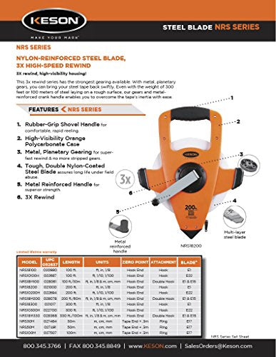 Keson NRS18M330 Nylon-Reinforced Steel Blade Tape Measure, Speed Rewind with Double Hook (Graduations: ft., in., 1/8 & m, cm, 2mm), 100M/330-Foot