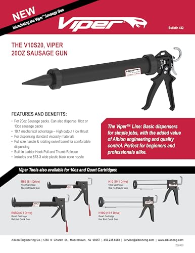 Albion Viper V10S20 Manual Sausage Caulking Gun, 20 oz, 10:1 Drive