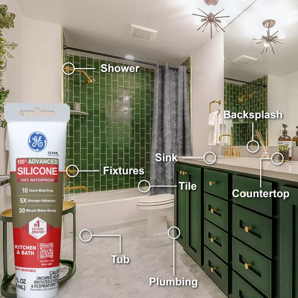 GE Advanced Silicone Caulk for Kitchen & Bathroom, White, 2.8 fl oz Tube, 100% Waterproof Silicone Sealant, 5X Stronger Adhesion, Shrink & Crack Proof (Pack of 12)