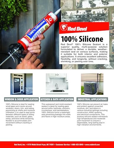 Red Devil 0826 100% Silicone Sealant Architectural Grade, Silicone Architectural Grade RTV Sealant, A Water-Resistant Adhesive for Interior and Exterior Use, 9.8 oz. Tube, Clear, 12 Pack