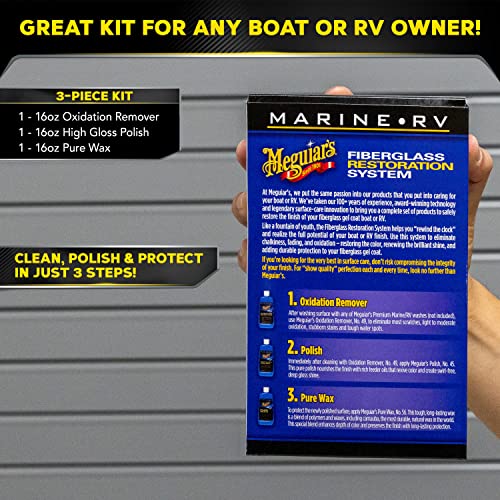 Meguiar's M4965 Marine/RV Fiberglass Restoration System, 3-Piece Marine Fiberglass Repair Kit Featuring Oxidation Remover for Boat Care Plus Boat Polish and Wax
