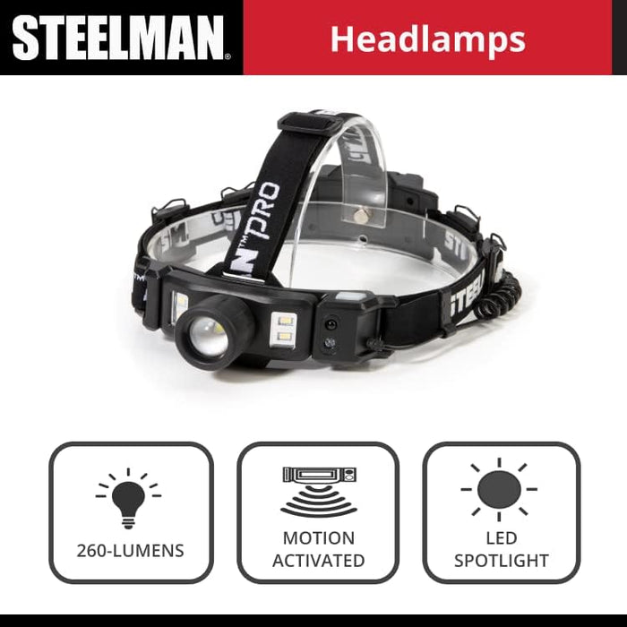 Steelman 79379 Pro Rechargeable Focusing Spotlight Headlamp, Motion-Sensing, Rear Safety Light, Pivoting Head, Up to 260 Lumens of Brightness