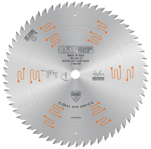 CMT Orange (285.660.10) Chrome Heavy-Duty CROSSCUTTING Blade 10" x T60 ATB, D 10 254mm, T 60, B 5/8, K .126, P .087