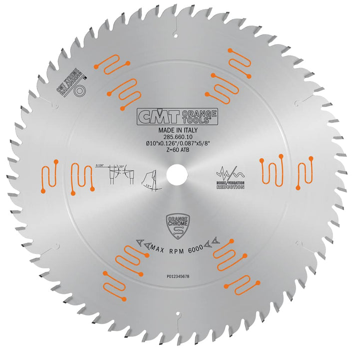 CMT Orange (285.660.10) Chrome Heavy-Duty CROSSCUTTING Blade 10" x T60 ATB, D 10 254mm, T 60, B 5/8, K .126, P .087