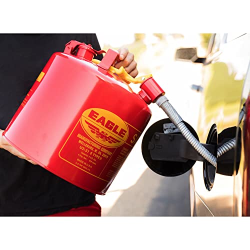 Eagle 5 Gallon Type II Red Safety Gas Can for Gasoline with Flame Arrester, Self-Closing Lid, and 12" x 7/8" Flexible Metal Hose, Made in the USA, Galvanized Steel Flammable Storage Can, U251S