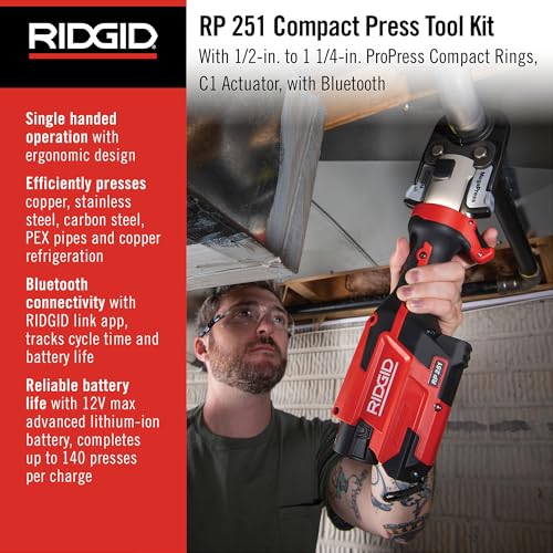 RIDGID 78198 RP 251 Press Tool Battery Kit with ProPress Rings (1/2"-1-1/4") and C1 Actuator