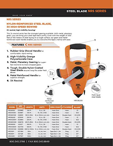 Keson NRS18200 Nylon-Reinforced Steel Blade Tape Measure, Speed Rewind (Graduations: ft., in. 1/8), 200-Foot , Orange