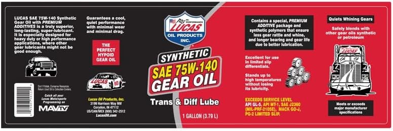 Lucas Oil 10122 Synthetic SAE 75W-140 Gear Oil - 1 Gallon