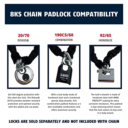ABUS Hardened Steel 8KS 10 Foot x 5/16" Thick Square Security Chain for Bikes, Containers, Trailers, ATV, Motorcycles and Personal/Industrial Property