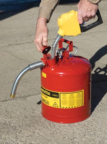 Justrite 5 Gallon Type II Red Safety Gas Can for Gasoline with Flame Arrester, Self-Closing Lid, and 1" Flexible Metal Spout, Made in the USA, Galvanized Steel Flammable Storage Can, 7250130