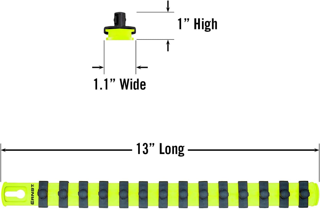 ERNST 13-Inch Socket Rail Organizer with 14 3/8-Inch Twist Lock Clips, High Visibility (8438HV) 13-Inch 3/8-Inch Twist Clips Hi-viz