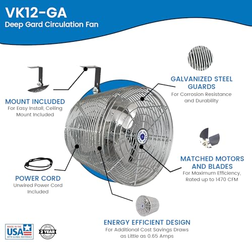Schaefer VK12-GA VersaKool Air Circulator Fan, Ceiling Wall Mount Greenhouse Fan & Aluminum Blade, 1470 CFM, 1/10 hp, Energy-Efficient Commercial Fan for Patio, Garage, Industrial & Workshop (Silver)