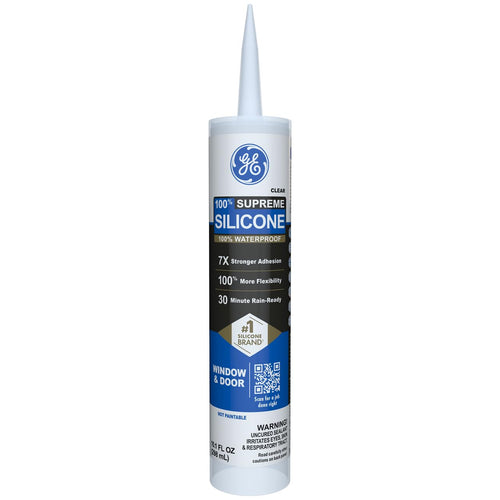 GE Supreme Silicone Caulk for Window & Door, Clear, 10 fl oz Cartridge, 1 Pack - 100% Waterproof Silicone Sealant, 7X Stronger Adhesion, Shrink & Crack Proof
