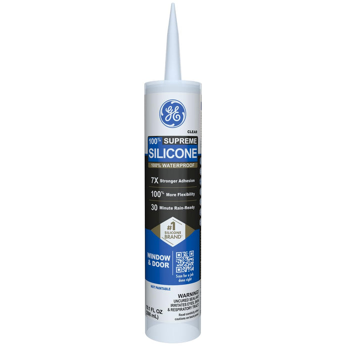 GE Supreme Silicone Caulk for Window & Door, Clear, 10 fl oz Cartridge, 1 Pack - 100% Waterproof Silicone Sealant, 7X Stronger Adhesion, Shrink & Crack Proof