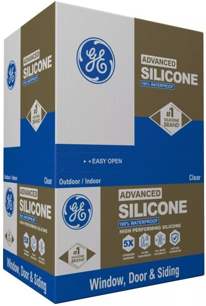 GE Advanced Silicone Caulk for Window & Door, Clear, 10 fl oz Cartridge - 100% Waterproof Silicone Sealant, 5X Stronger Adhesion, Shrink & Crack Proof (Pack of 12)