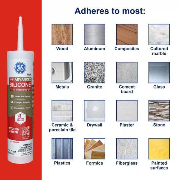 GE Advanced Silicone Caulk for Kitchen & Bathroom, White, 10 fl oz Cartridge - 100% Waterproof Silicone Sealant, 5X Stronger Adhesion, Shrink & Crack Proof (Pack of 12)