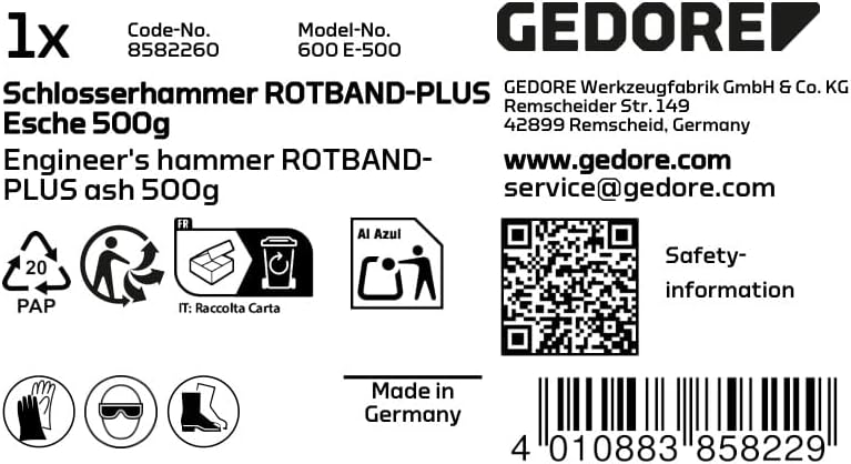 GEDORE - 8582260 600 E-500 Engineers' Hammer ROTBAND-Plus 500 g