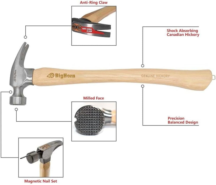 Big Horn 15101 21 Oz Curved Handle Framing Hammer, Milled Face, Magnetic Nail Starter, Anti-Ring Claw, Precision Balanced Alloy Steel Head, Canadian Hickory Handle