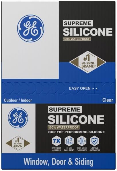 GE Supreme Silicone Caulk for Window & Door, Clear, 10 fl oz Cartridge, 100% Waterproof Silicone Sealant, 7X Stronger Adhesion, Shrink & Crack Proof (Pack of 12)