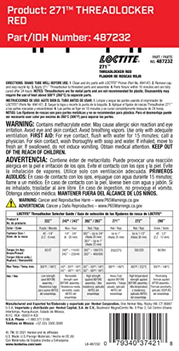 LOCTITE 271 Automotive Threadlocker Red - High Strength Thread Lock, Fluorescent, Heavy-Duty, Works on all Metals - 6 ml, 1 Pack