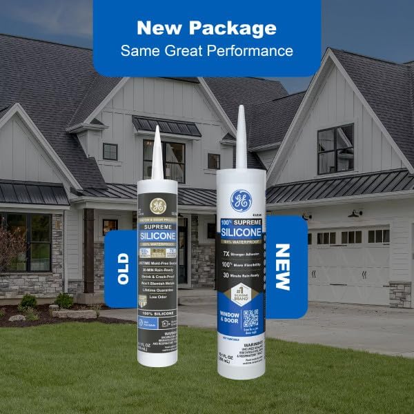 GE Supreme Silicone Caulk for Window & Door, Clear, 10 fl oz Cartridge, 100% Waterproof Silicone Sealant, 7X Stronger Adhesion, Shrink & Crack Proof (Pack of 12)