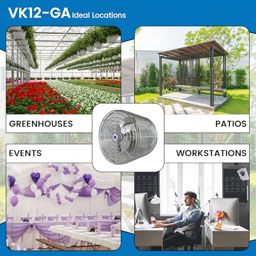 Schaefer VK12-GA VersaKool Air Circulator Fan, Ceiling Wall Mount Greenhouse Fan & Aluminum Blade, 1470 CFM, 1/10 hp, Energy-Efficient Commercial Fan for Patio, Garage, Industrial & Workshop (Silver)