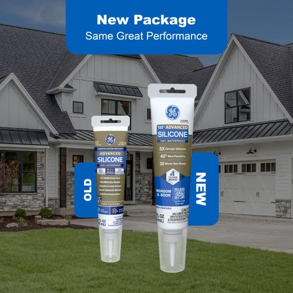 GE Advanced Silicone Caulk for Window & Door, Clear, 2.8 fl oz Tube, 100% Waterproof Silicone Sealant, 5X Stronger Adhesion, Freeze & Sun Proof (Pack of 12)