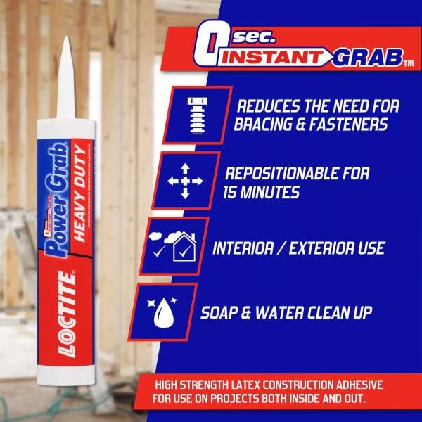 Loctite 2032666 Power Grab Express Heavy Duty Construction Adhesive, 9 fl oz Cartridge, Versatile Construction Glue for Cement, Tile, Wall & More (Pack of 12)