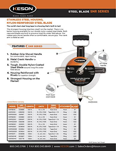 Keson SNR10200H Nylon-Reinforced Steel Blade Tape Measure with Stainless Steel Housing with Hook End (Graduations: ft, 1/10, 1/00), 200-Foot