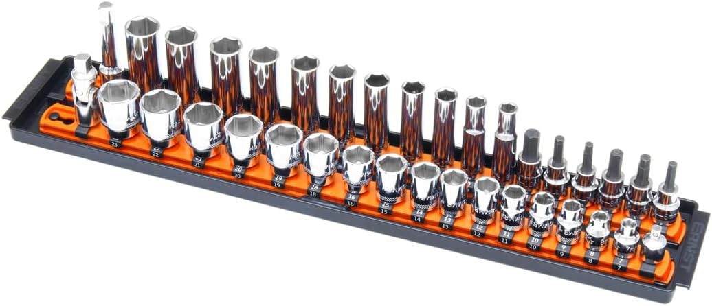 Ernst Manufacturing 8486 Socket Boss, Premium 2-Rail, 3/8 Inch-Drive Socket Organizer, 18-Inch, Orange - Made in USA 19-INCH 3/8" Orange