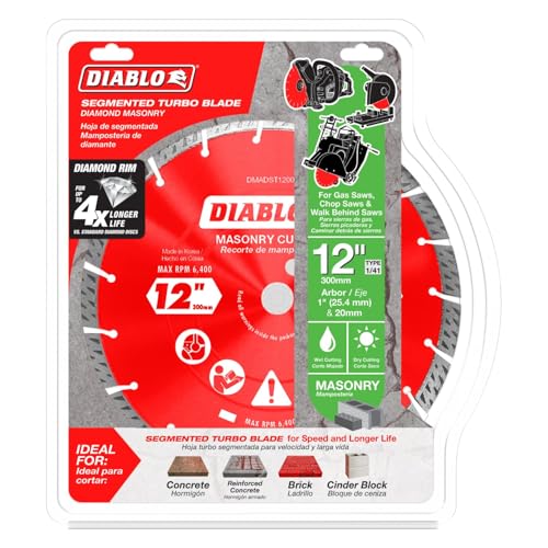 Diablo Diamond Turbo Masonry Cut-Off Blade for Concrete, Brick and Block - 12" Diameter, 2.8mm Kerf, 6400 Max RPM - DMADST1200