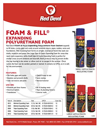 Red Devil 0913 Foam & Fill Small Gaps & Cracks Expanding Polyurethane Sealant, 12 oz, Off-White, Pack of 1