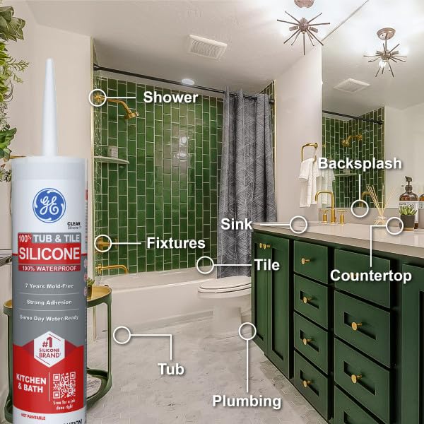 GE Tub and Tile Silicone Caulk for Kitchen and Bathroom, 100% Waterproof Silicone Paste, Excellent Flexibility, Shrink and Crack Resistant, 10oz Cartridge, Clear (Pack of 12)
