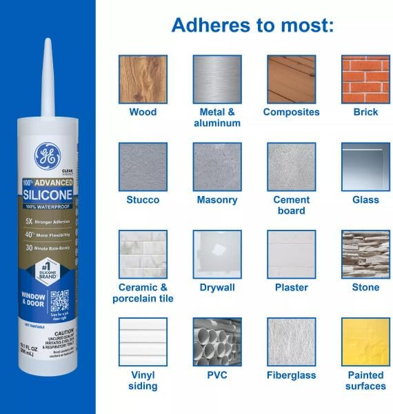 GE Advanced Silicone Caulk for Window & Door, Clear, 10 fl oz Cartridge - 100% Waterproof Silicone Sealant, 5X Stronger Adhesion, Shrink & Crack Proof (Pack of 12)