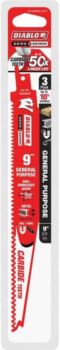 Diablo (DS0909CGP3) Demo Demon Carbide Teeth Reciprocating Saw Blades for General Purpose Cuts - 9" Length, 6/9 TPI (Pack of 3)