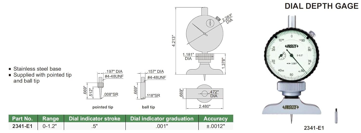 INSIZE 2345-E1 DIAL Depth GAGE with 60° Base, 0-1",